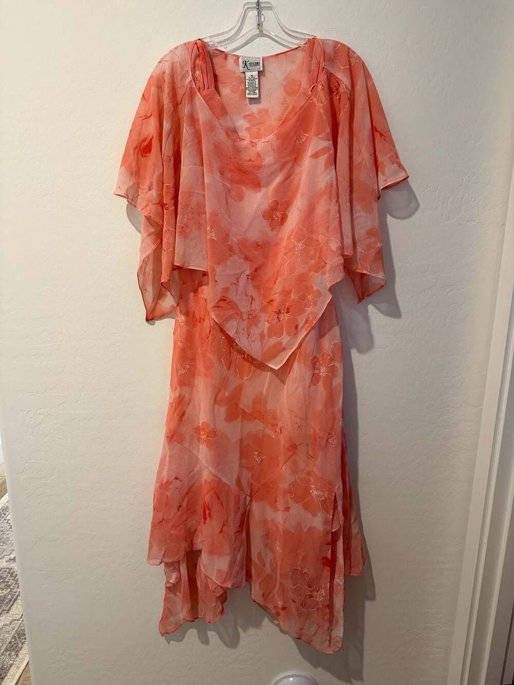 K Studio Coral Floral Print Layered Chiffon Asymmetric Midi Dress Size 16